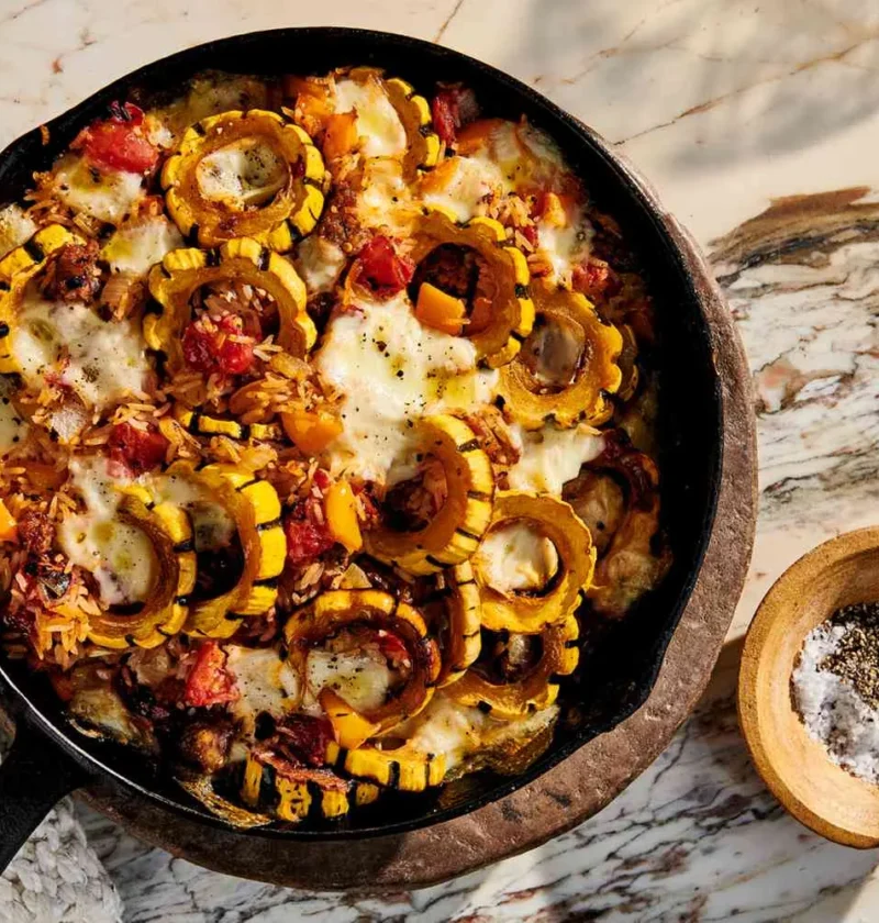 Sausage casserole with cheesy rice and squash in a cast iron skillet topped with golden melted mozzarella and roasted delicata squash rings
