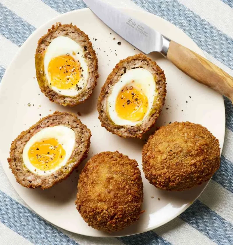 Scotch eggs cut in half showing golden breadcrumb crust around seasoned pork and a hard-boiled egg center, Martha Stewart scotch eggs recipe