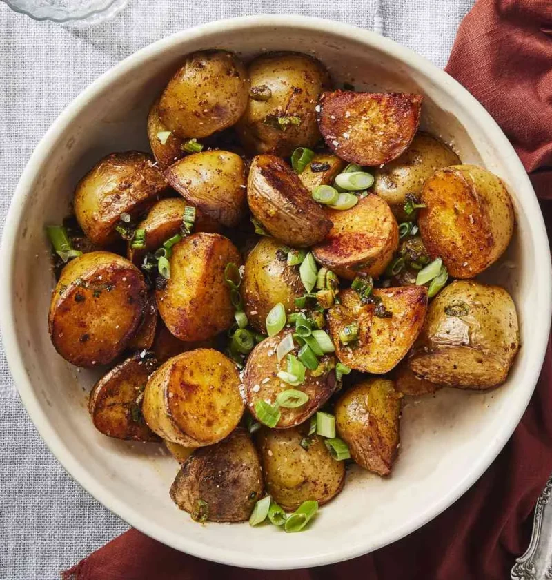 Crispy skillet paprika potatoes with pimentón and scallions in a cast-iron pan