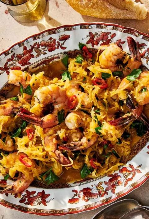 Spaghetti squash shrimp scampi with golden roasted squash noodles tossed in garlicky white wine butter sauce