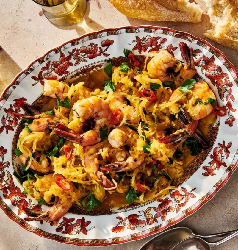 Spaghetti squash shrimp scampi with golden roasted squash noodles tossed in garlicky white wine butter sauce