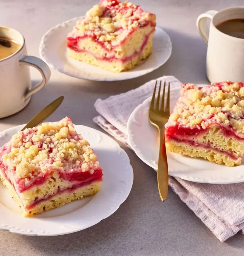 Strawberry-rhubarb coffee cake with golden streusel topping in a baking pan