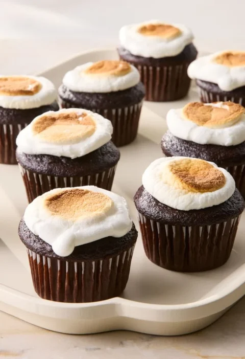 Martha Stewart toasted marshmallow cupcakes with golden broiled marshmallow tops on a cooling rack