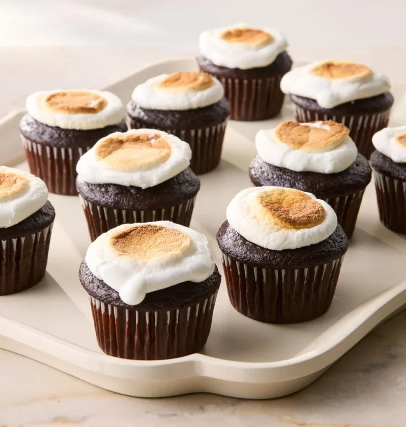 Martha Stewart toasted marshmallow cupcakes with golden broiled marshmallow tops on a cooling rack
