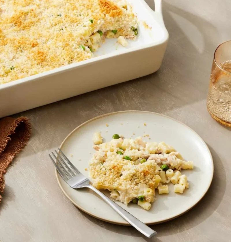 Tuna casserole with golden panko Parmesan crust in a 9-by-13 baking dish, Martha Stewart tuna casserole recipe