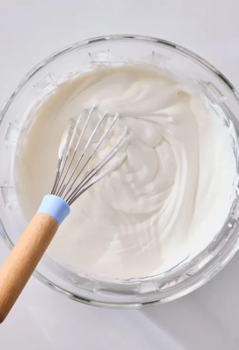 Bowl of Martha Stewart whipped cream with soft billowy peaks, ready to serve