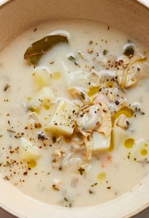 Bowl of New England clam chowder with tender clams and cubed potato in a creamy broth topped with oyster crackers