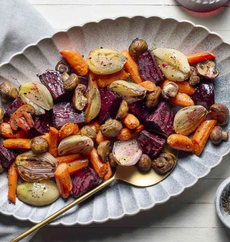 Oven-roasted carrots, beets, cremini mushrooms, and shallots caramelized on a sheet pan