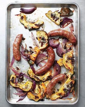 Martha Stewart Sausages with Acorn Squash and Onions on a sheet pan