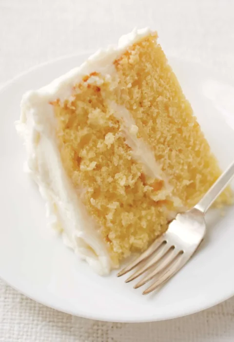 Martha Stewart simple layer cake with vanilla frosting on a white cake stand, two golden layers topped with swirled cream cheese buttercream