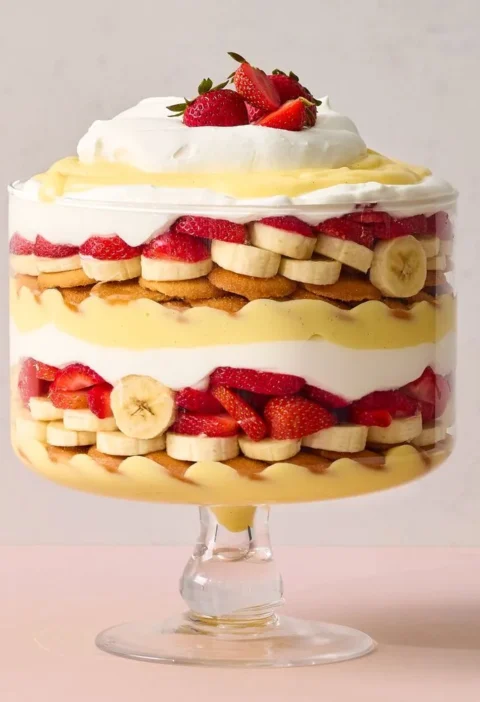 Martha Stewart Strawberry-Banana Pudding in a glass bowl with layers of custard, strawberries, bananas, Nilla Wafers, and whipped cream