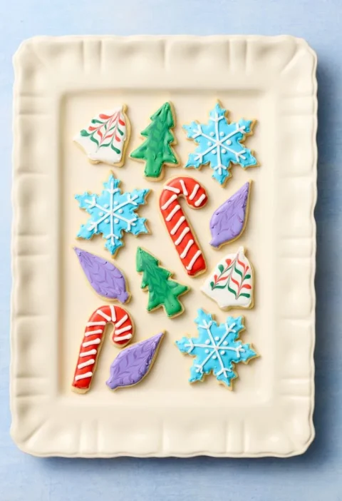 Martha Stewart sugar cookies decorated with royal icing in festive holiday shapes on a wire rack