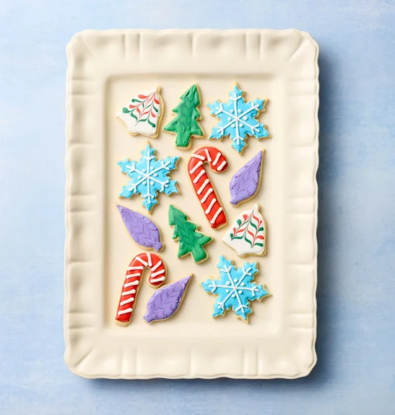 Martha Stewart sugar cookies decorated with royal icing in festive holiday shapes on a wire rack