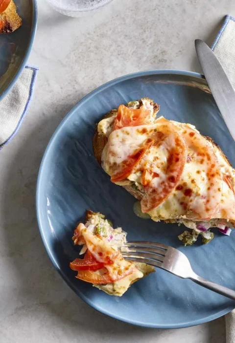 Open-faced martha stewart tuna melts with bubbly provolone and tomato on crusty bread