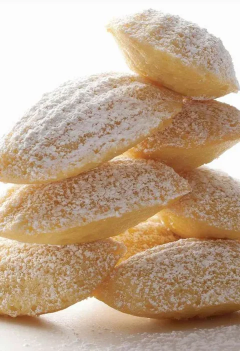 Golden vanilla madeleines dusted with confectioners sugar on a cooling rack, showing the classic scalloped shell shape