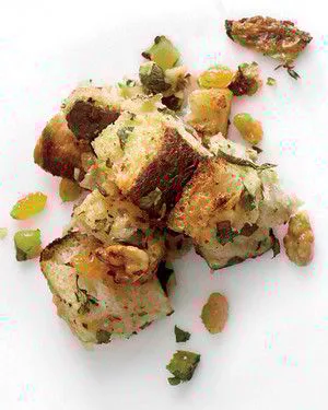 Martha Stewart walnut-herb stuffing baked golden brown in a dish