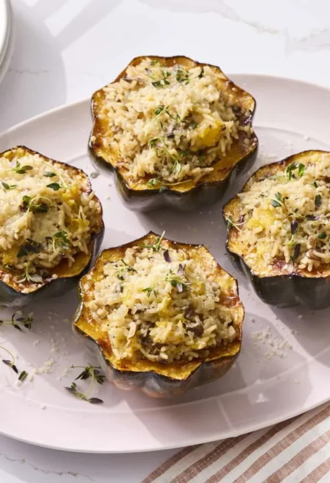 Martha Stewart acorn squash stuffed with mushrooms and rice, topped with golden Parmesan and fresh thyme on a white platter