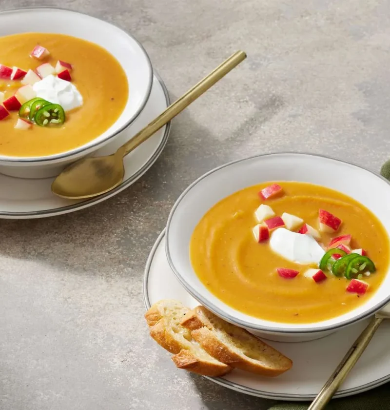 Two bowls of Martha Stewart apple-butternut squash soup topped with diced red apple, jalapeƱo slices and sour cream, served with toasted bread