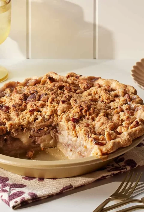 Martha Stewart apple pecan pie with crumb topping in a pie plate with a slice served on a plate beside it