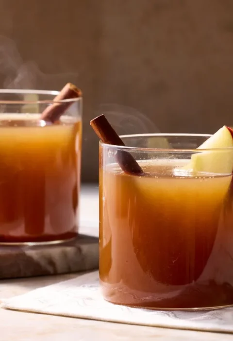 Two glass mugs of Martha Stewart apple-pie spiced cider with apple slices and cinnamon sticks, steam rising