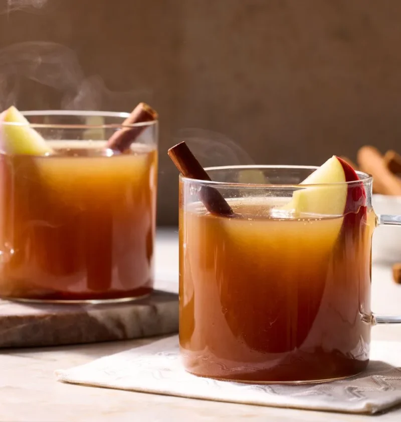 Two glass mugs of Martha Stewart apple-pie spiced cider with apple slices and cinnamon sticks, steam rising