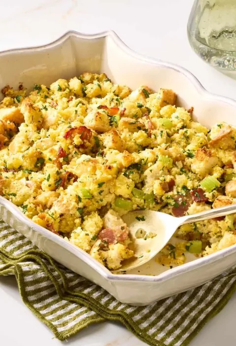 Martha Stewart bacon-cornbread stuffing in a white baking dish with a serving spoon, golden cubes flecked with bacon, celery and parsley