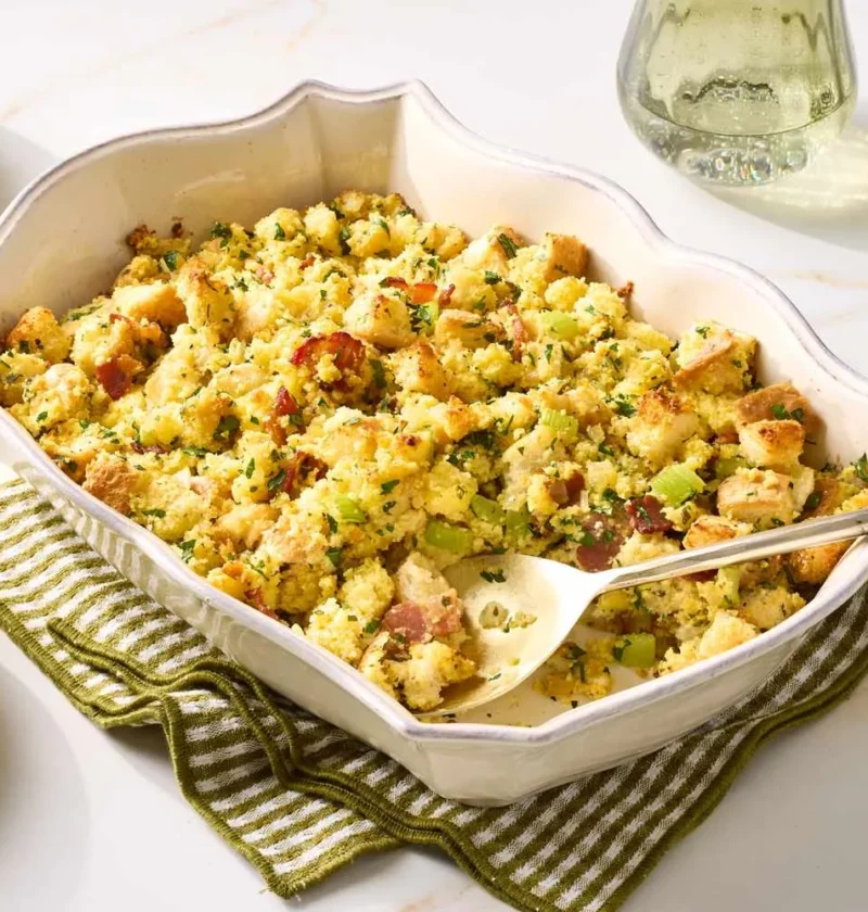 Martha Stewart bacon-cornbread stuffing in a white baking dish with a serving spoon, golden cubes flecked with bacon, celery and parsley