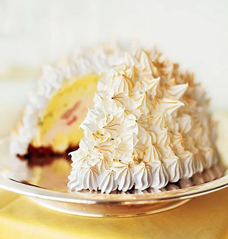 Martha Stewart baked Alaska with toasted Swiss meringue peaks and a slice cut away showing pistachio and cherry ice cream over chocolate cake