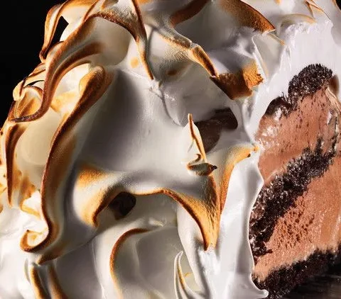 Martha Stewart baked Alaska with chocolate cake and chocolate ice cream under toasted meringue, cut to show the layers