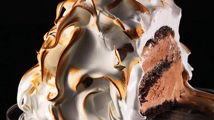 Martha Stewart baked Alaska with chocolate cake and chocolate ice cream under toasted meringue, cut to show the layers