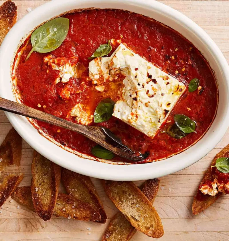 Martha Stewart baked feta-marinara dip in an oval dish with basil leaves and red-pepper flakes, served with crostini on a wooden board
