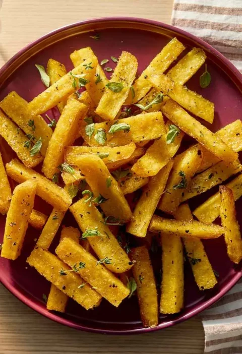 Martha Stewart baked polenta fries, golden and crisp, with dried herbs on a burgundy plate beside a wooden spatula