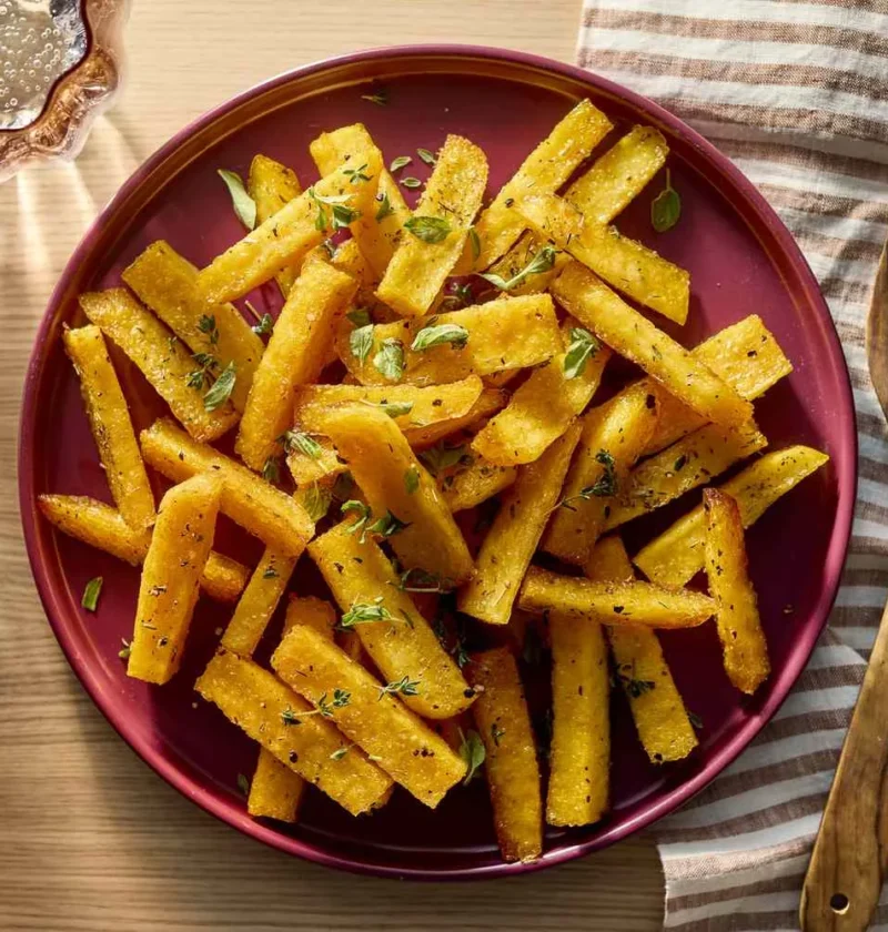 Martha Stewart baked polenta fries, golden and crisp, with dried herbs on a burgundy plate beside a wooden spatula