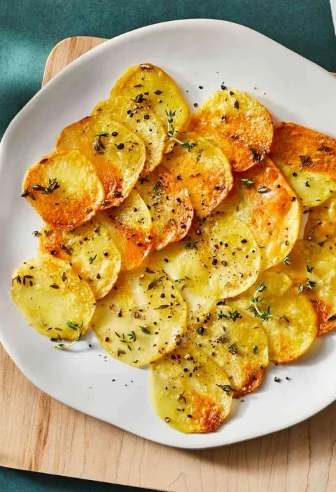 Martha Stewart baked potato slices, golden and crispy, with thyme leaves on a white plate