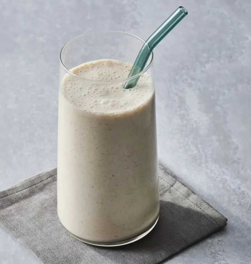 Martha Stewart banana-oat smoothie in a tall glass with a teal glass straw on a gray linen napkin