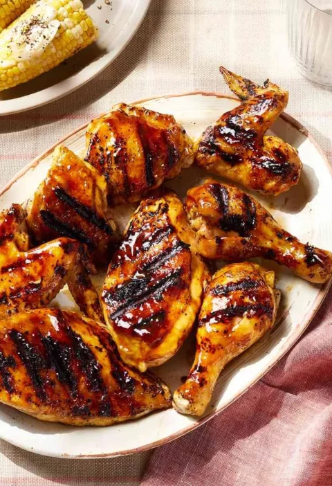 Martha Stewart barbecued chicken pieces with grill marks and glossy sauce on an oval platter next to grilled corn and a bowl of barbecue sauce