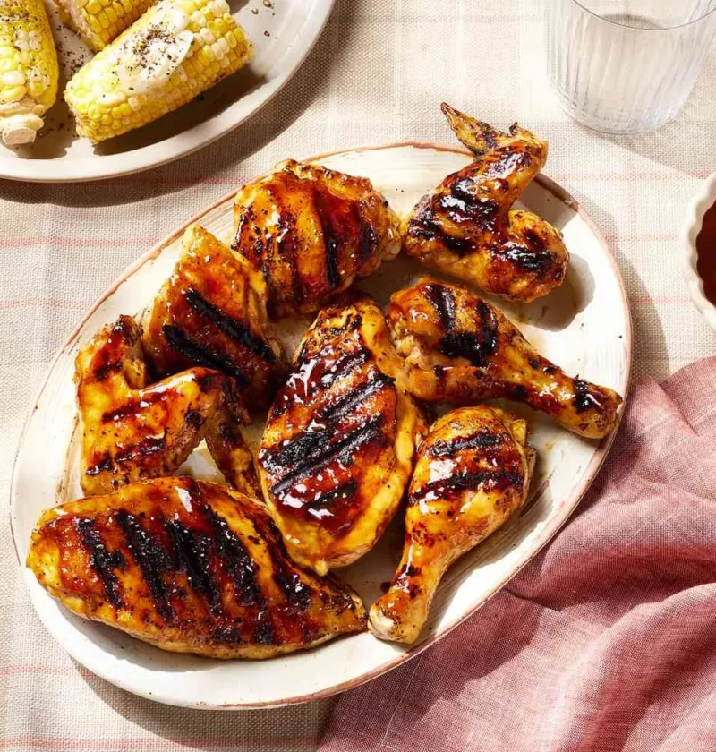 Martha Stewart barbecued chicken pieces with grill marks and glossy sauce on an oval platter next to grilled corn and a bowl of barbecue sauce
