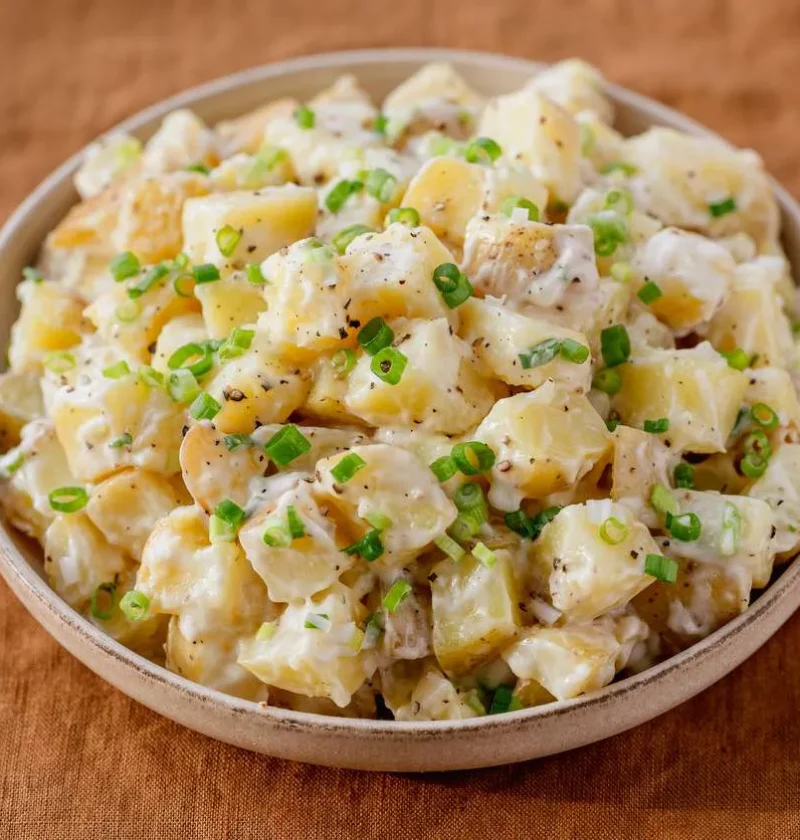 Martha Stewart basic potato salad with creamy Yukon gold potato cubes and sliced scallions in a shallow bowl