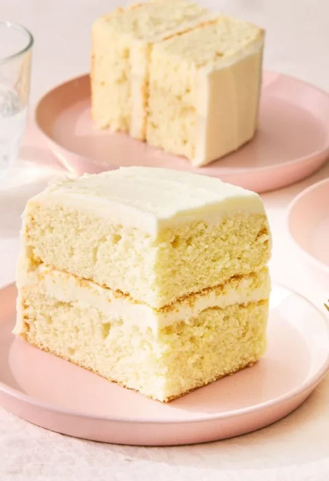 Martha Stewart basic white sheet cake sliced into two-layer pieces with vanilla frosting on pink plates