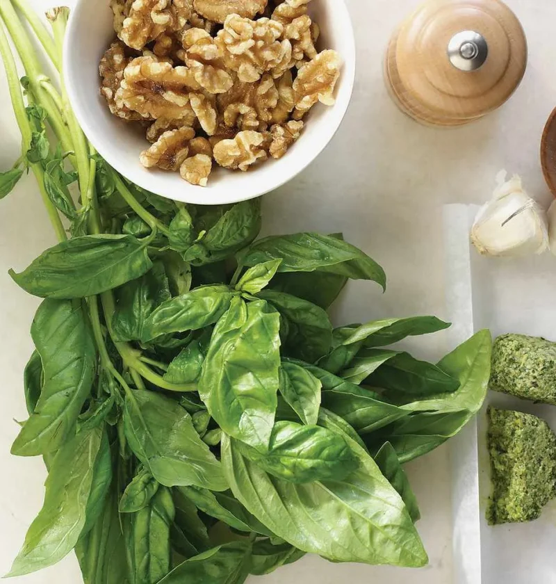 Ingredients for Martha Stewart basil pesto: fresh basil leaves, a bowl of walnuts, garlic, coarse salt and frozen pesto cubes