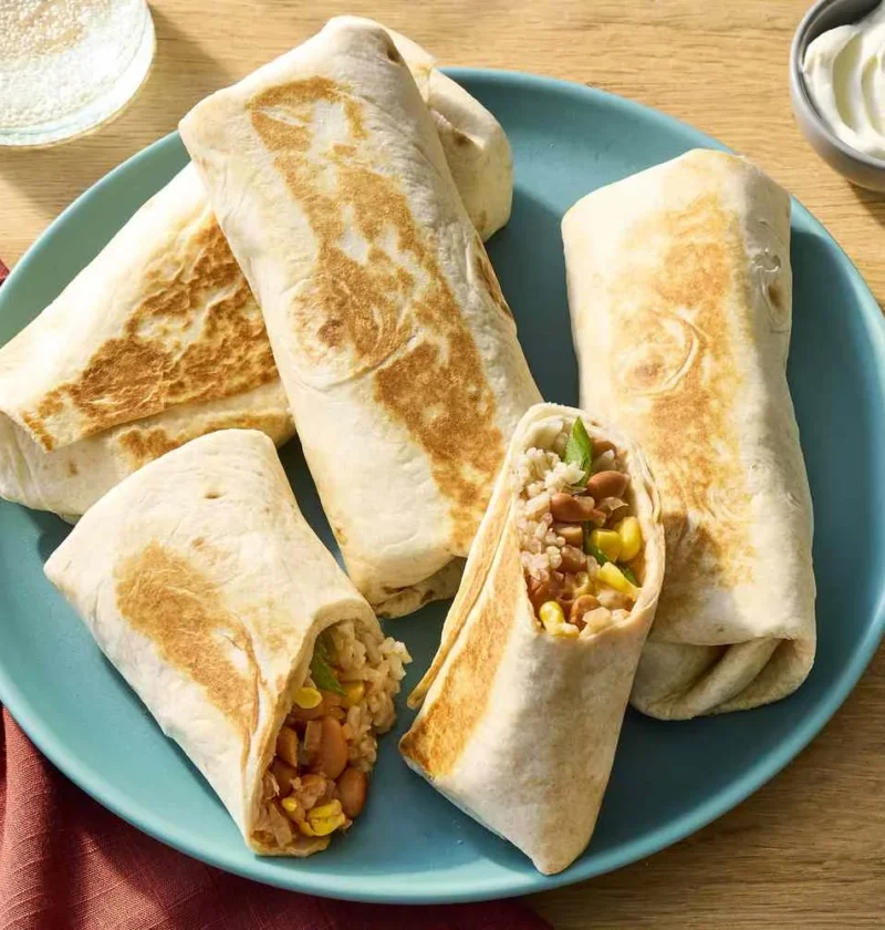 Martha Stewart bean burritos toasted golden on a teal plate, one cut open to show rice, pinto beans and corn, with salsa and sour cream