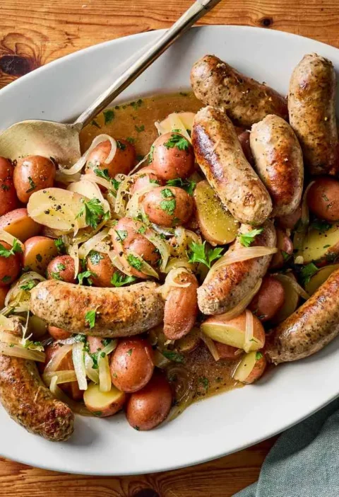 Martha Stewart beer-braised sausages with warm potato salad, red potatoes and sliced onions with parsley on a white oval platter