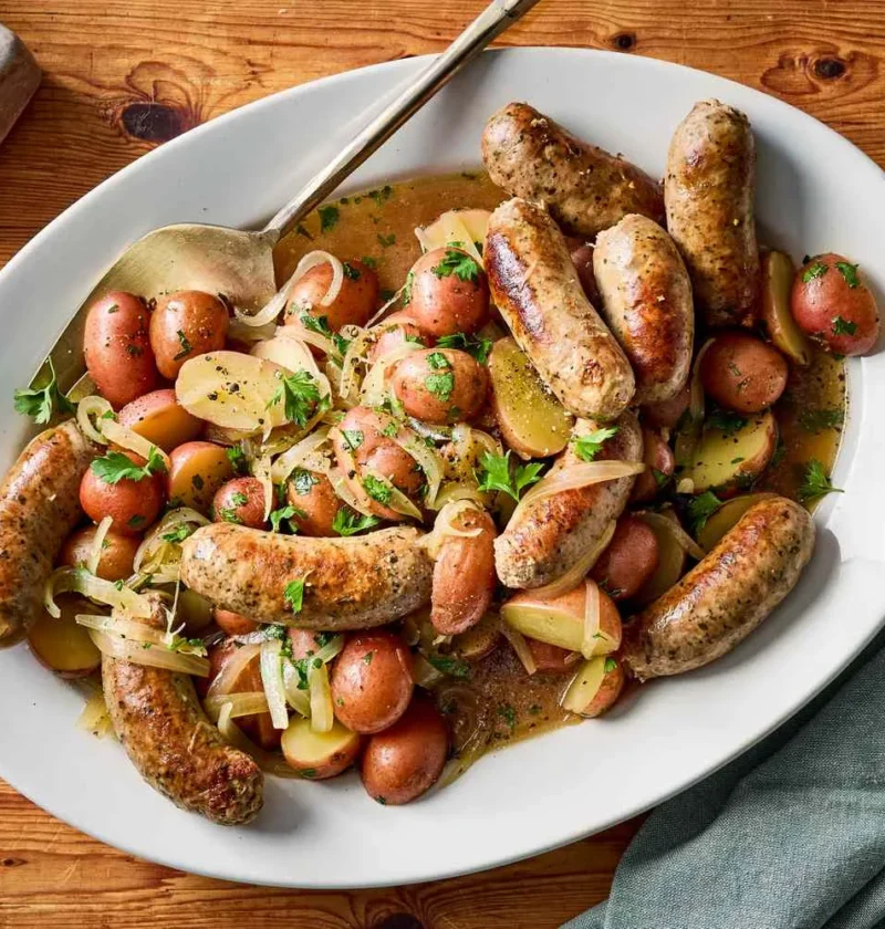 Martha Stewart beer-braised sausages with warm potato salad, red potatoes and sliced onions with parsley on a white oval platter