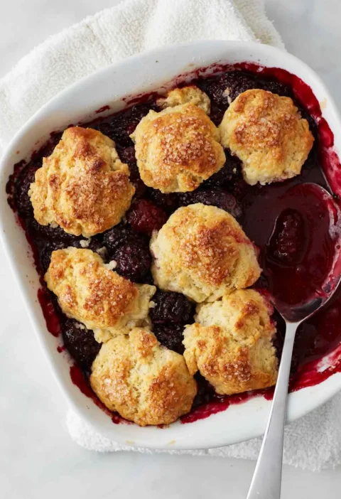 Martha Stewart best berry cobbler with golden sugar-topped biscuits over bubbling blackberries in a white square baking dish with a spoon