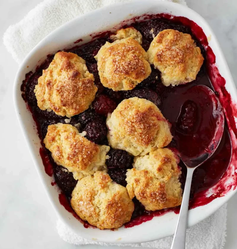 Martha Stewart best berry cobbler with golden sugar-topped biscuits over bubbling blackberries in a white square baking dish with a spoon