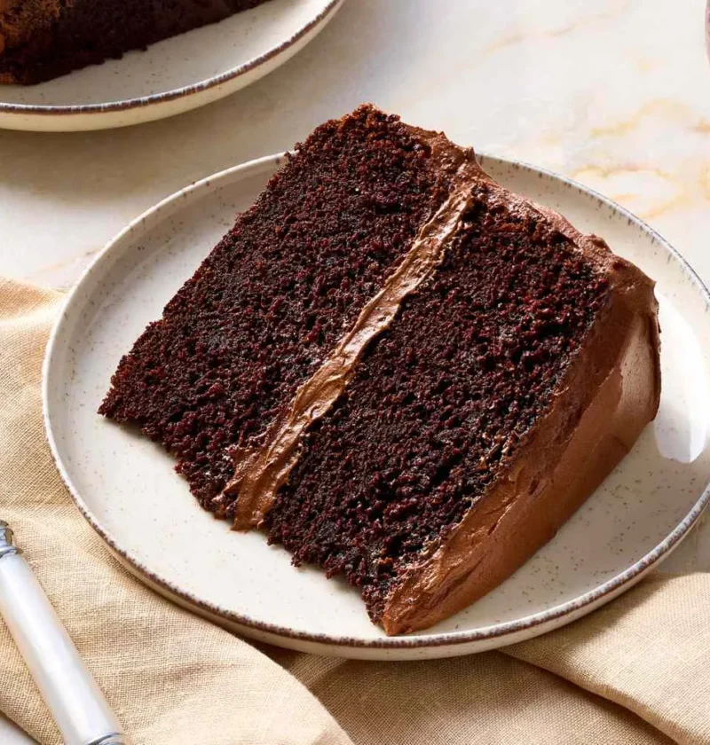 Slice of Martha Stewart best chocolate cake with two moist layers and chocolate frosting on a cream plate with a fork