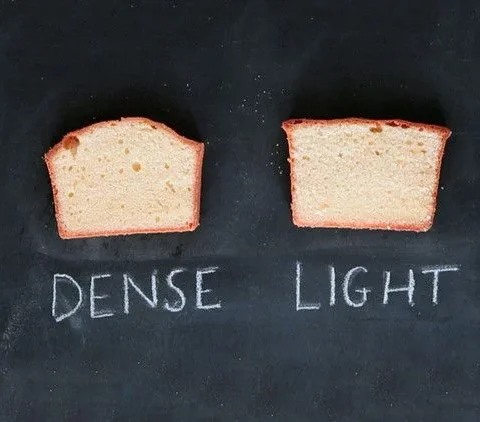 Martha Stewart best pound cake slices shown side by side, a dense version on the left and a light version on the right, on a chalkboard