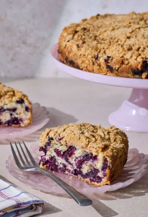 Martha Stewart blueberry buckle with golden streusel topping on a pink cake stand with two slices showing juicy blueberries