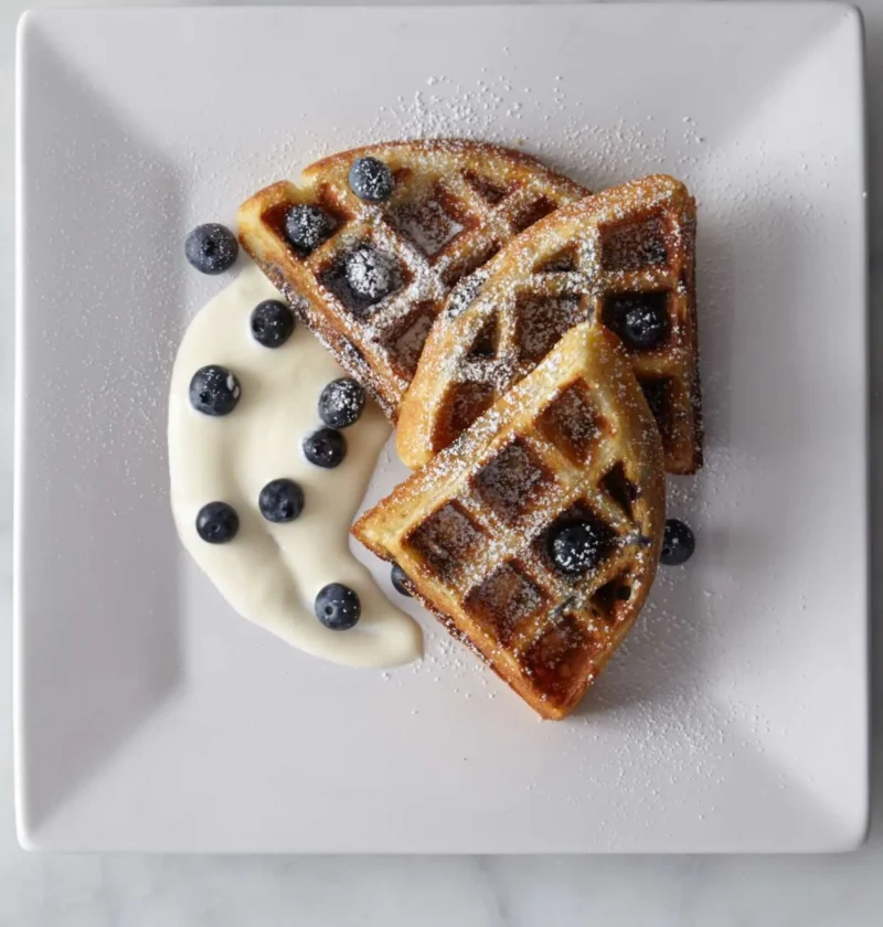Martha Stewart blueberry buttermilk waffles cut into wedges with fresh blueberries, creme fraiche and powdered sugar on a square white plate
