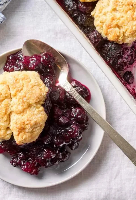 Martha Stewart blueberry cobbler with a golden cream biscuit on a plate beside the baking dish of jammy blueberry filling